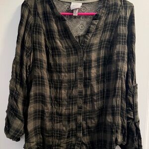 Knox Rose: Women's Green Button Up Plaid Shirt, Size Medium